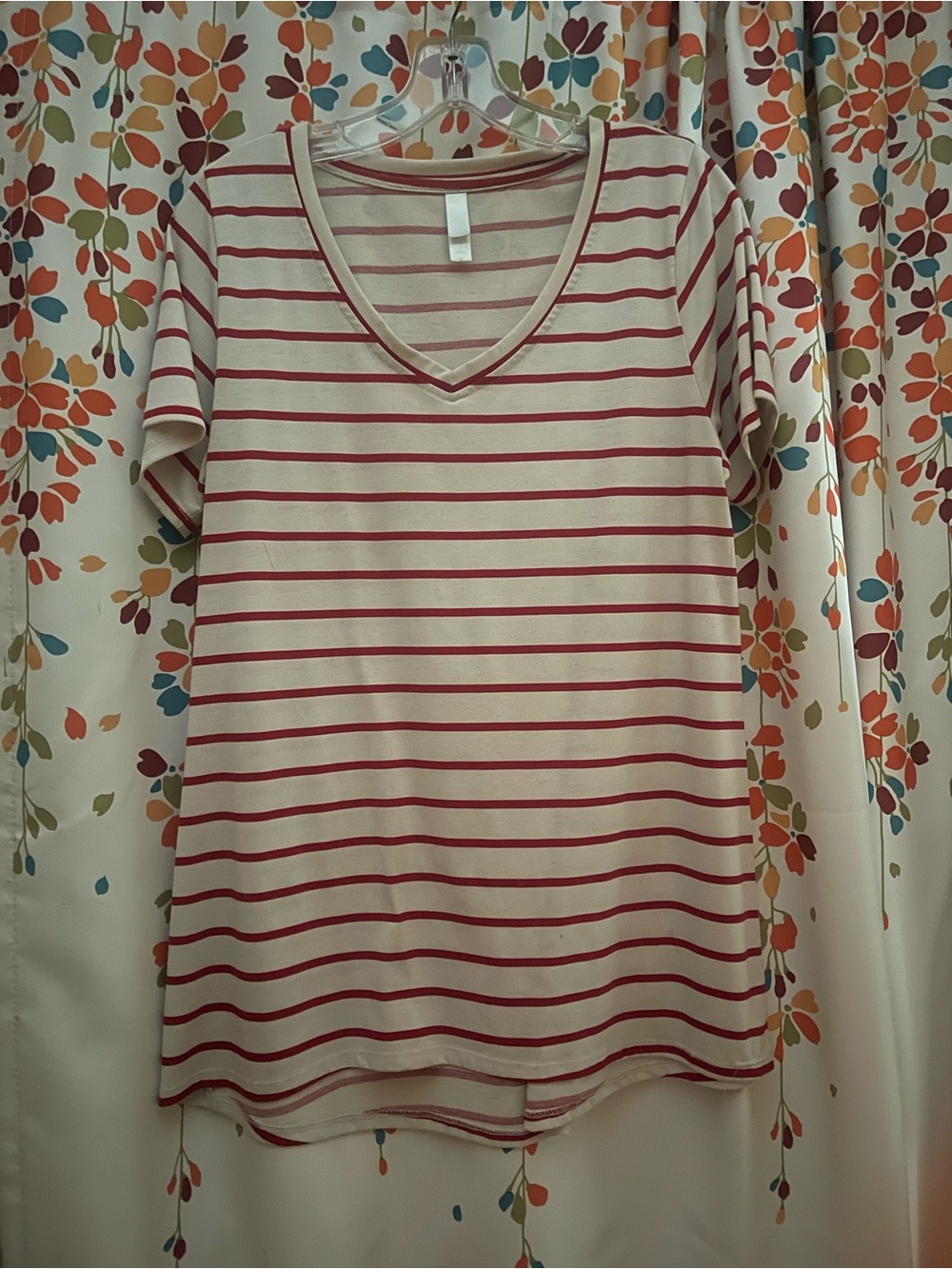 LuLaRoe Cream & Red Striped V-Neck Tunic